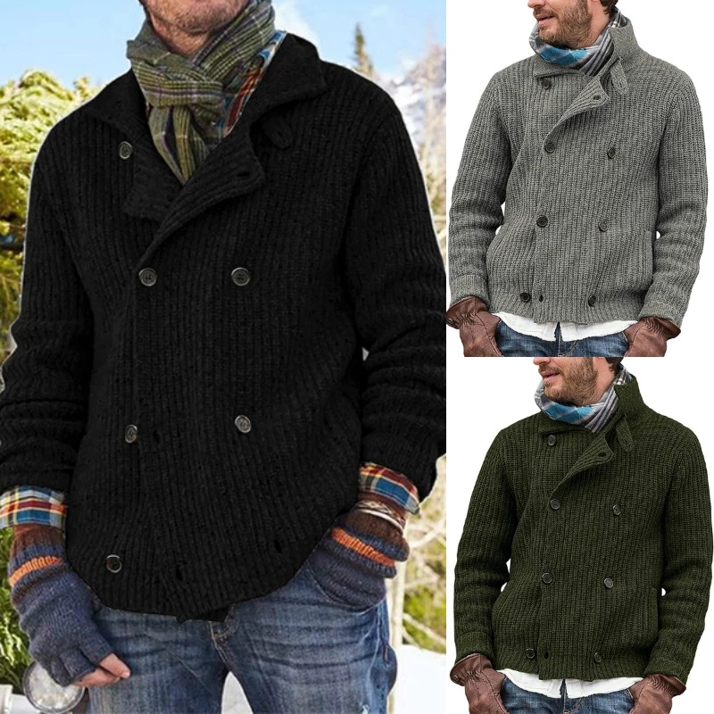 2022 winter new men&s warm solid long sleeve knitted cardigan top retro casual men&s Polo button sweater coat street